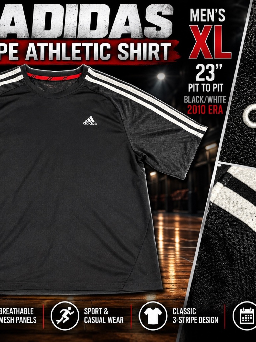 Adidas Men’s XL Black Mesh Athletic Shirt 3 Stripe Short Sleeve 2010 Era